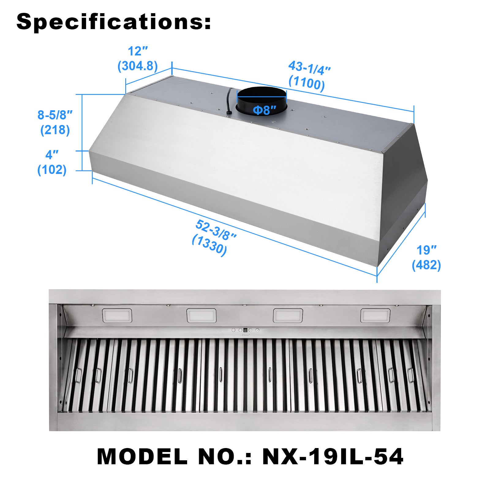 54" Range Hood Insert, Ultra Quiet Stainless Steel 8" Ducted with 1200 CFM Powerful Suction