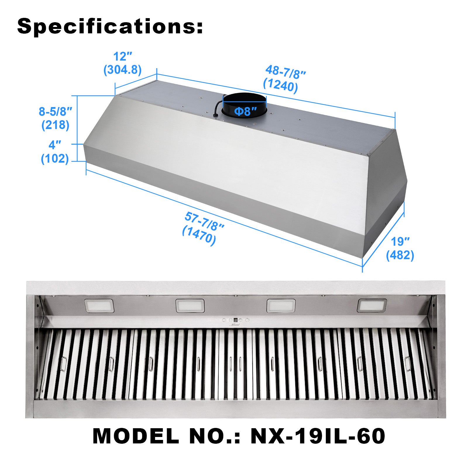 60" Range Hood Insert, Ultra Quiet Stainless Steel 8" Ducted with 1200 CFM Powerful Suction