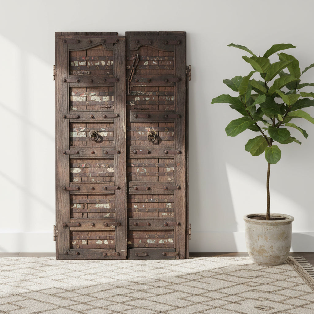 1800s Antique Teak Wood Distressed Rustic Door With Metal Straps