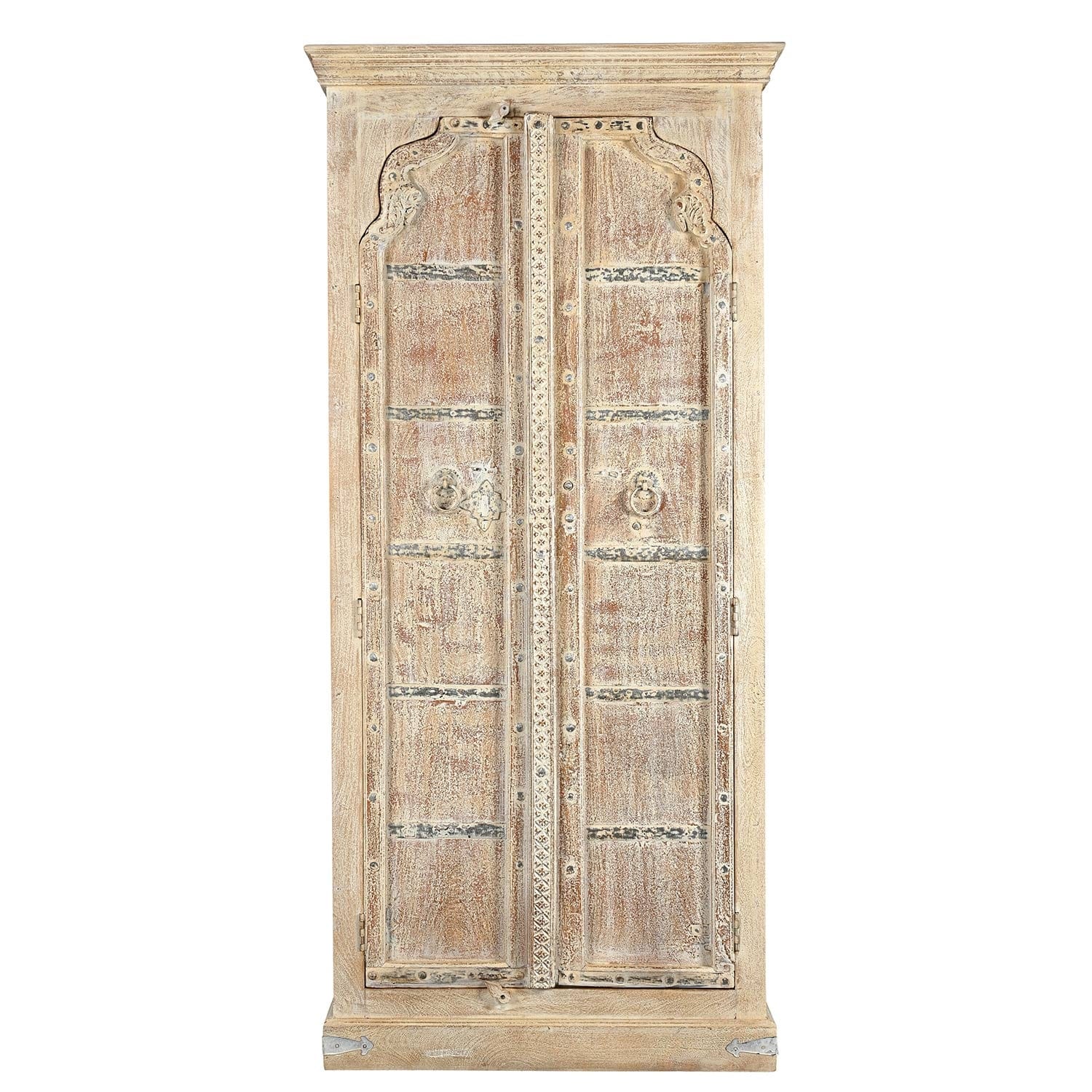 1900s Antique Teak Wood Door Upcycled 81 in Tall Armoire in Distressed White Finish