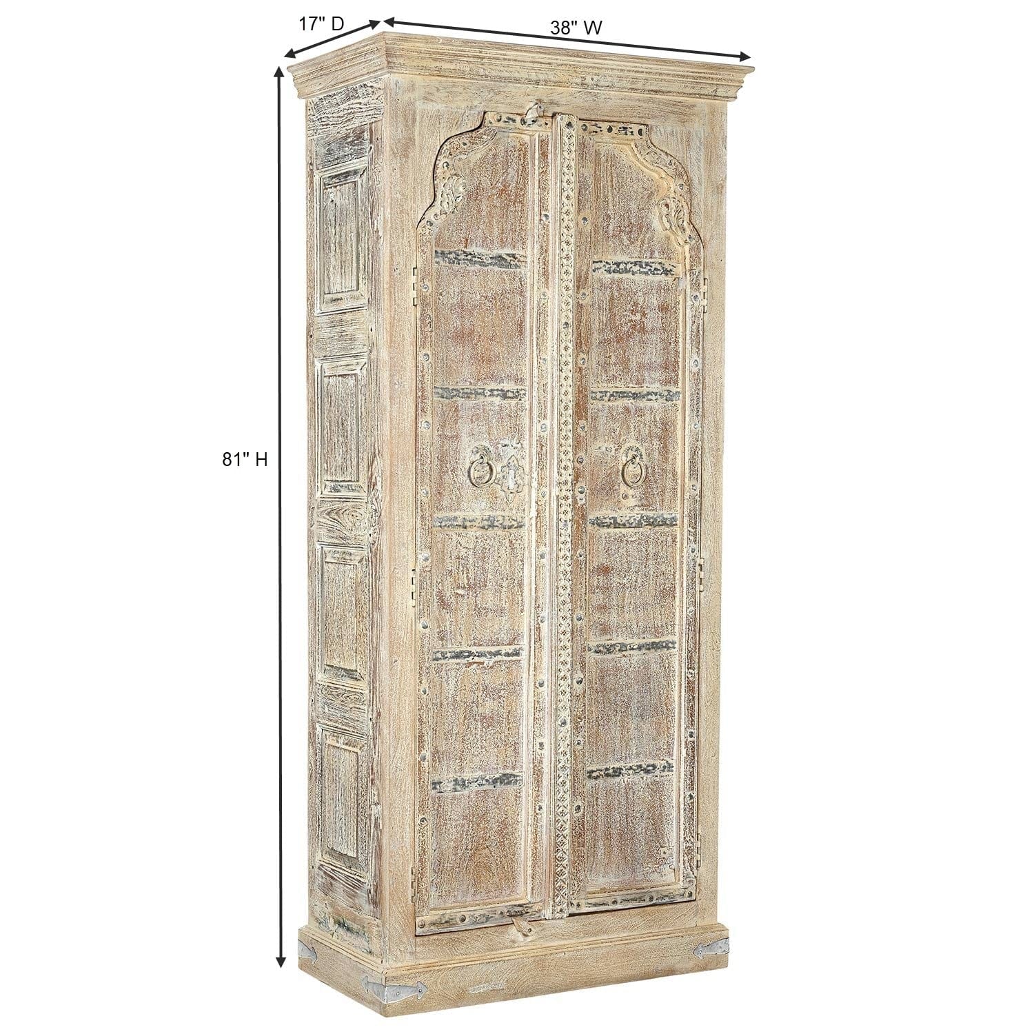 1900s Antique Teak Wood Door Upcycled 81 in Tall Armoire in Distressed White Finish