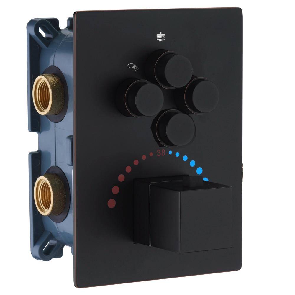 12-Inch Or 16 inch Non-LED Oil Rubbed Bronze (ORB) Ceiling-Mounted 4-Way Thermostatic Valve with Wall-Mounted 12-Inch Rain Head, Body Jets, and Dual Functionality