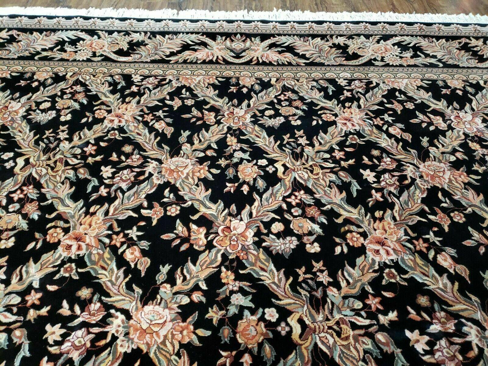 10' X 14' Handmade Fine Chinese Allover Floral Wool Rug Hand Knotted Black Nice