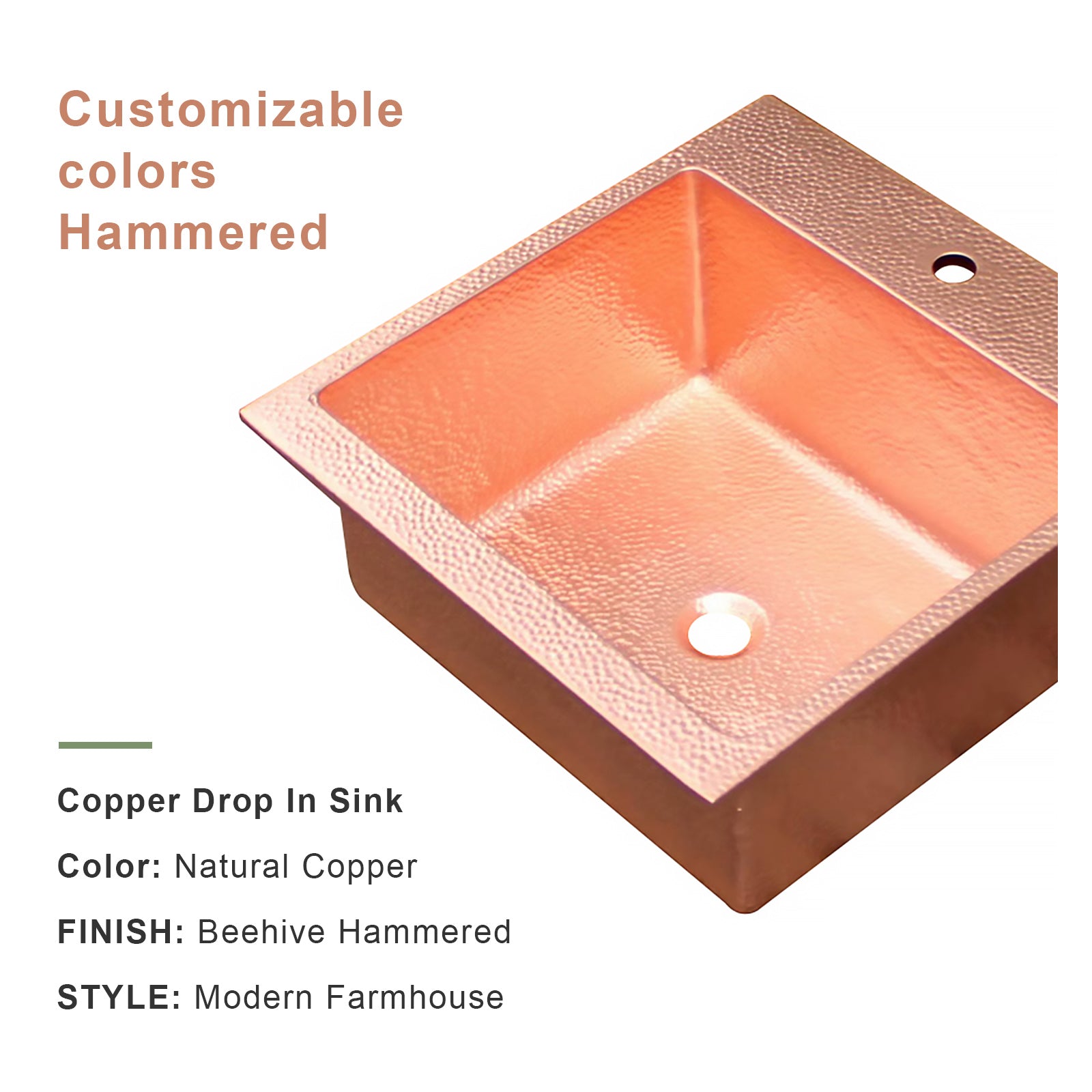 Akicon Custom Handcrafted Single Bowl Copper Top Mount Kitchen Sink