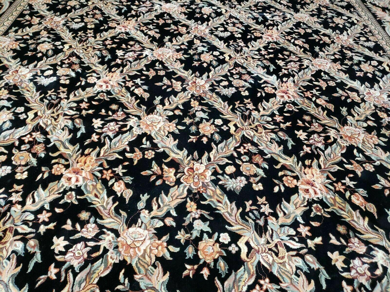 10' X 14' Handmade Fine Chinese Allover Floral Wool Rug Hand Knotted Black Nice
