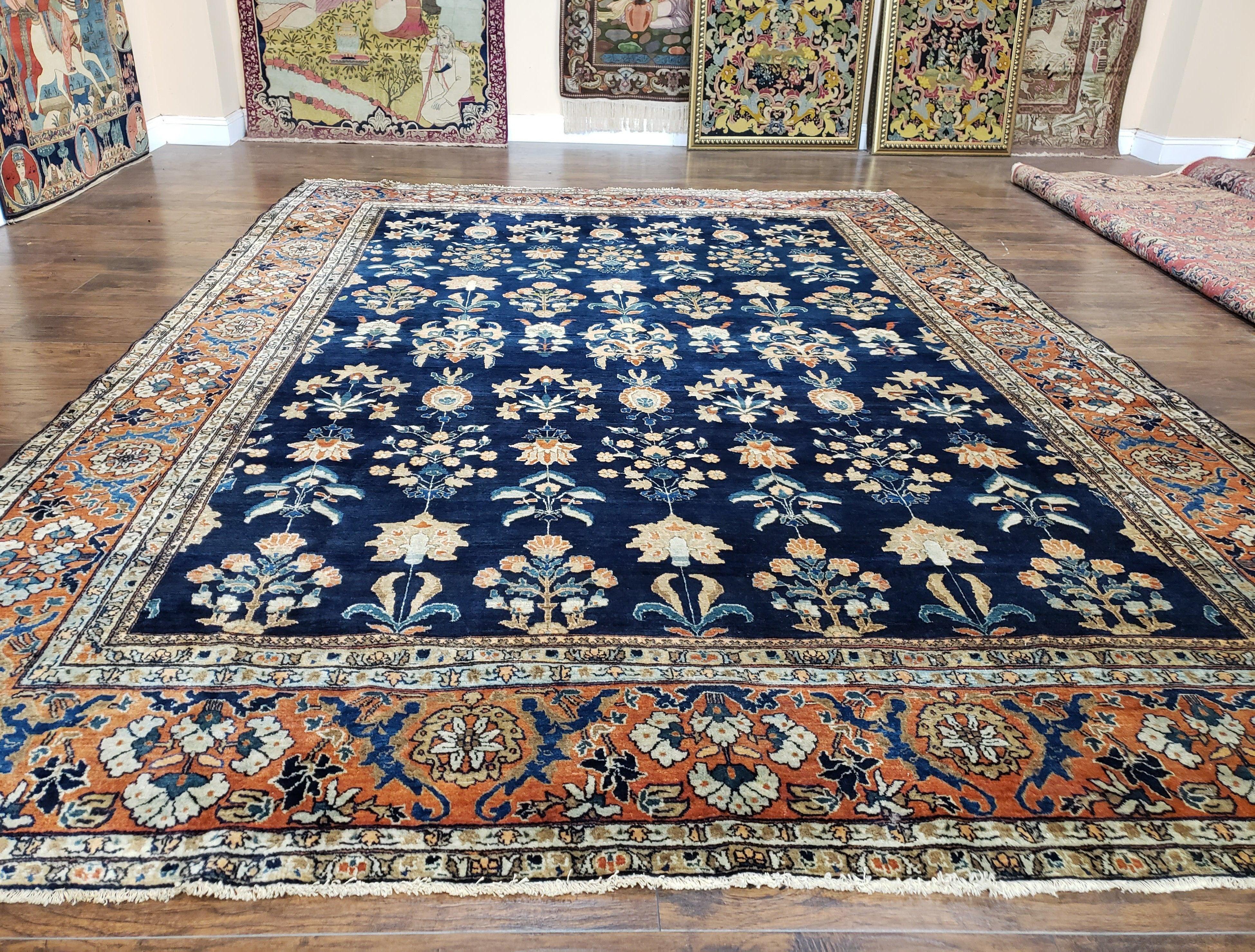 1920s Antique Persian Sarouk Mahajaran Rug, Hand Knotted, Wool, Dark Blue and Red, 8'7" x 11'10'