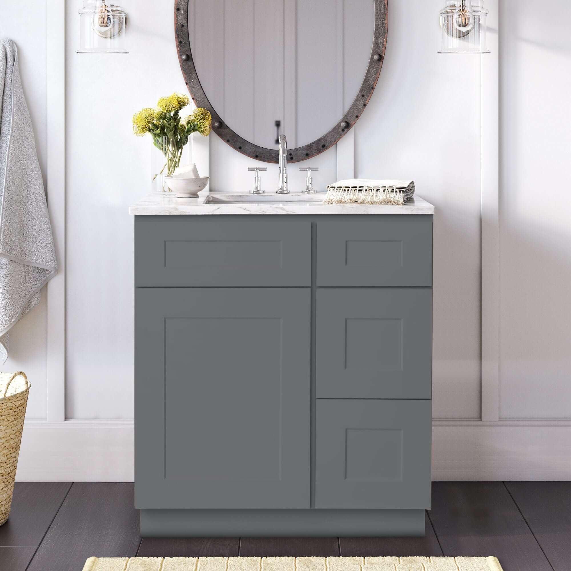30 Inch Grey Shaker Single Sink Bathroom Vanity with Drawers on the Right