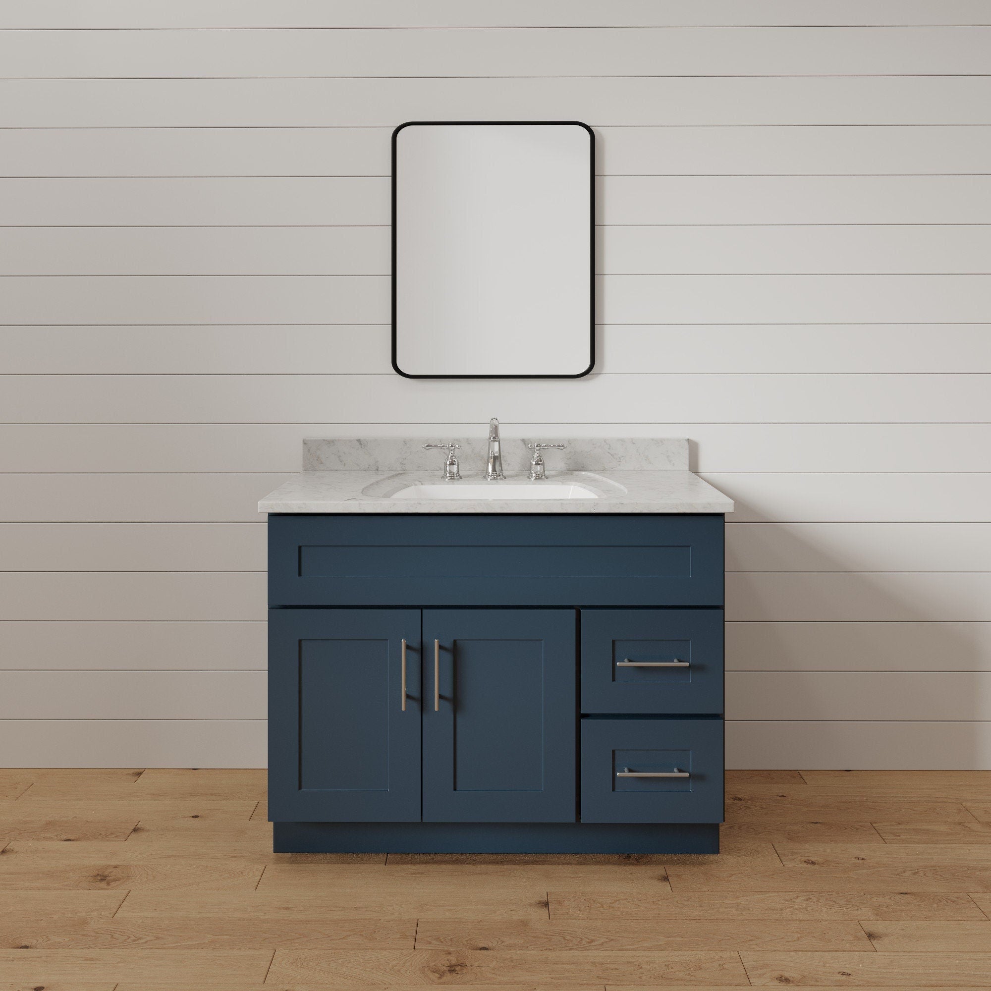 36" Navy Blue Shaker Single Sink Bathroom Vanity with Drawers on the Right