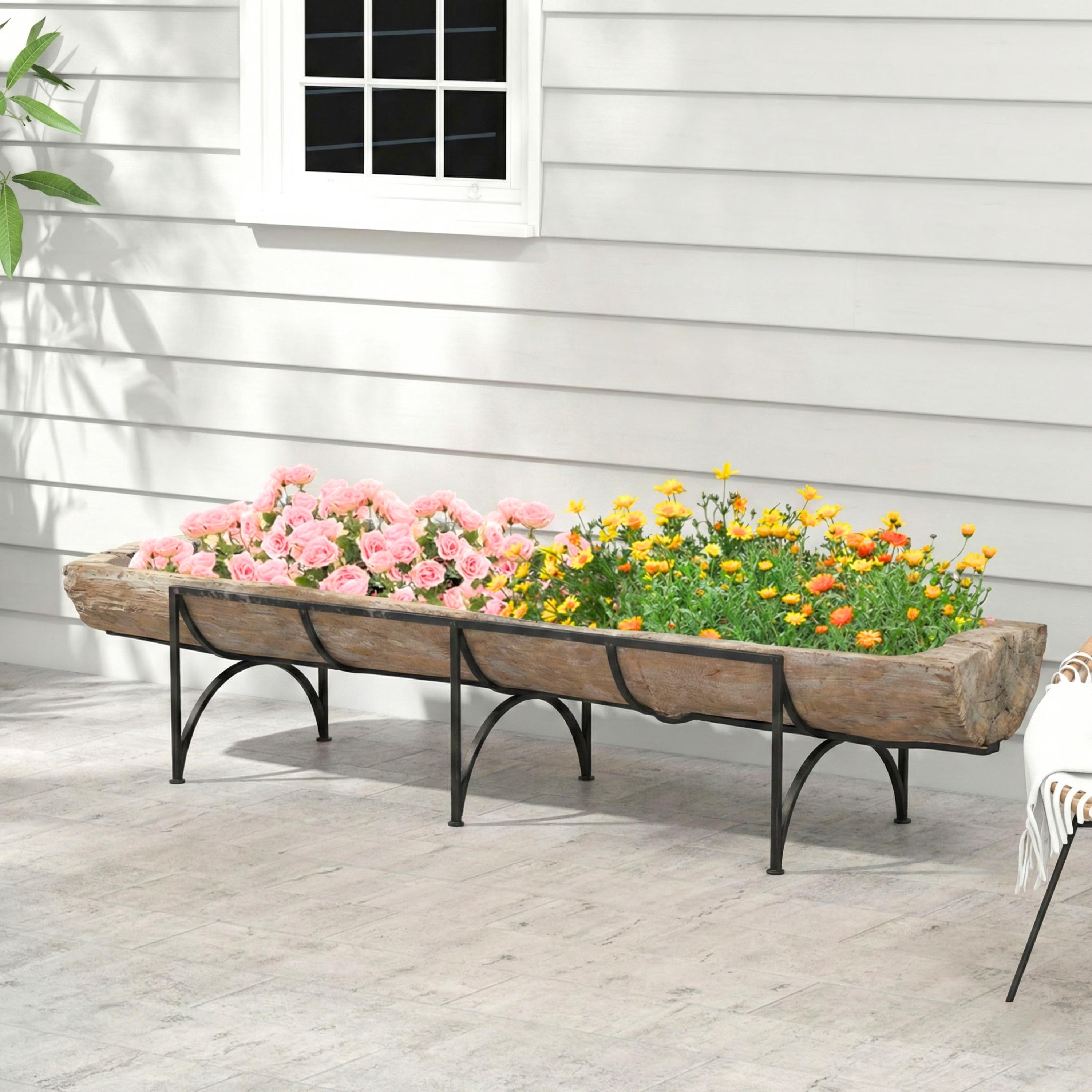 1800s Antique Large Teak Wood 114" Long Trough On Metal Stand